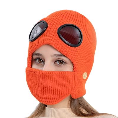 China COMMON Winter Earflaps Slapped Knitted Thick Warm Beanie Hat Chunky Ski Sunglass Beanie Hat With Glasses for sale