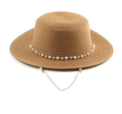 China Summer Sun Brim Panama Beach Bucket Hat 2021 Fashion Bead Chain Wide Flat Women Protective Straw Hat Striped For Girl for sale