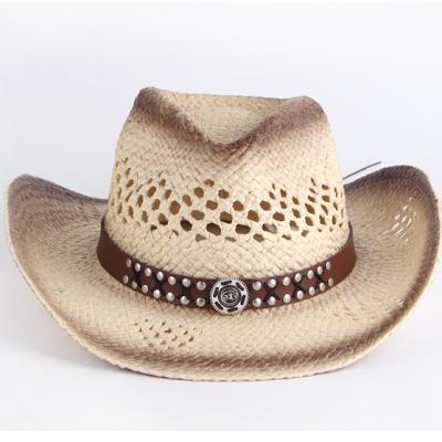 China Panama Barred Western Women's Style Men Crocheted Summer Indoor Shapeable Natural Brim Rolled Up Cowboy Toyo Straw Hat for sale