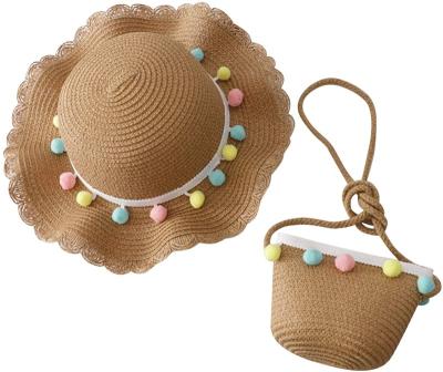 China Cute Striped Toddler Kids Large Brim Flower Beach Hat Straw Hat Wide Pompom Sun Hat and Bag Set for sale