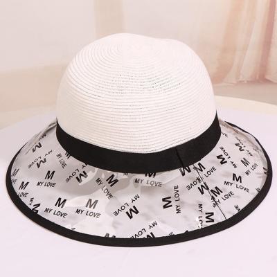 China Fashion Striped PVC Splicing Custom Printed White Transparent Straw Brim Paper Rope Brim Summer Wide Beach Sun Hat for sale