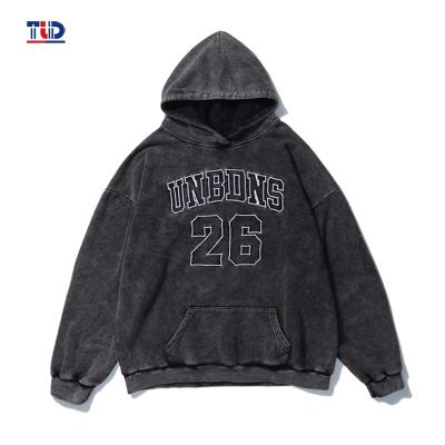 China Anti-Wrinkle Black Washed Embroidery Heavy Custom Vintage Streetwear Fleece Pullover Mens Sweatshirt Cotton Acid Wash Hoodie for sale