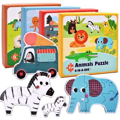 China 6-In-A-Box Eco-Friendly Animals Traffic Big Piece Matching Brain Teaser Hard Paper Cartoon Cognitive Developmental Toy for sale