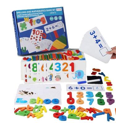 China Eco-friendly Montessori Wooden Toys Spelling Word Game Alphabet Numbers 3-In-1 Teaching Aid Kids Cognitive Early Education Toys for sale