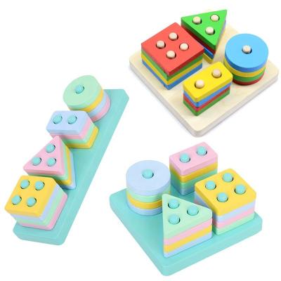 China Macaron Eco-friendly Wooden Colorful Four-column Geometric Shape Matching Kids Cognitive Baby Block Montessori Educational Toy for sale