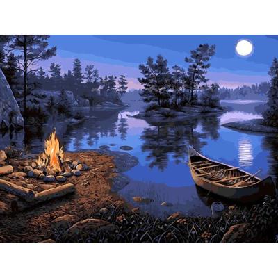 China New Classical/Postmodern DIY Painting By Numbers Lake At Night Fire Drawing On Canvas Acrylic Paintings For Living Room Decor for sale