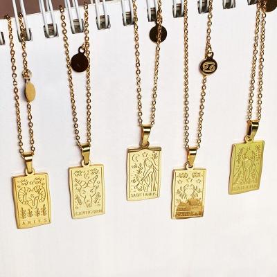 China 2021 Newest Fashionable Engraved Custom Stainless Steel Square Pendant Necklace 18k Gold Plated 12 Horoscopes Zodiac Necklace For Women for sale