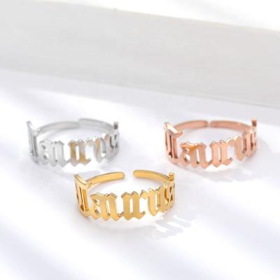 China TRENDY 18k Gold Plated Stainless Steel 12 Horoscope Zodiac Sign Ring Old English Font Letter Ring Adjustable Rings for sale