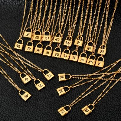 China 2021 New FASHIONABLE 18k Gold Plated Stainless Steel Lock Pendant Necklace Laser Engraving 26 Old English Letters A To Z Initial Necklace for sale