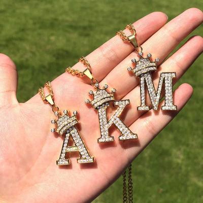 China Stainless Steel Diamond Pendant Chain Necklace Hip Hop Jewelry Cuban Link CZ Zirconia Crown Alphabet Letter Initial Necklace TRENDY for sale