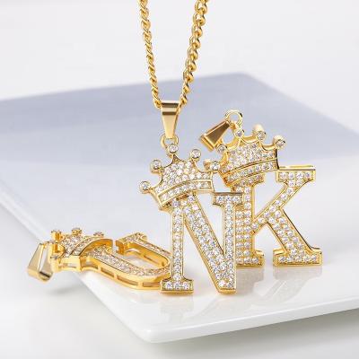 China TRENDY 18K Gold Plated Iced Out Diamond Crystal Crown Pendant Necklace A to Z 26 Initial Letter Stainless Steel Necklace Jewelry for sale