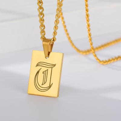 China INS Vintage Stainless Steel FASHION Gold Plated Necklace Initial Jewelry For Women Rectangle Letter Pendant Cuban Chain Necklace for sale