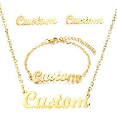 China TRENDY Custom 18k Gold Letter Nameplate Bracelet Anklet Chain Earrings Jewelry Set Personalized Stainless Steel Name Pendant Necklace for sale