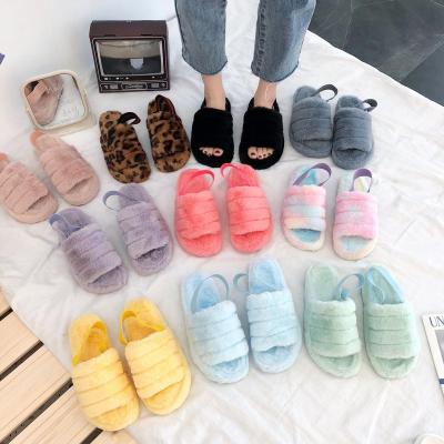 China Fashion Trend Pink Winter Women Platform Mink Rabbit Fur Slides Warm Fox Fur Slippers With Strap for sale