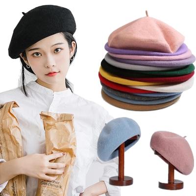 China Elegant Women Girl Winter Woolen Beret French Warm Wool Cap Vintage Plain Beret Solid Color Striped Hats for sale