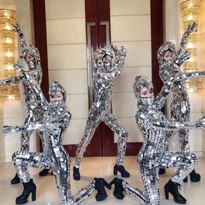 China Sexy Mirror Design Women Mirror Clothing Reflective Suit Silver Jumpsuit Mirror Costume Dance Props For Party DJ Club Show Dance Costumes for sale