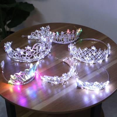 China Luminous Crown Wedding Flashing Birthday Party Supplies LED Lighting Hair Decorations Tiara Crown Rhinestone Crown Headwear One Size for sale