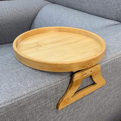 China Foldable Side Tables Natural Bamboo Sofa Armrest Clip-On Round Tray for Remote Phone Cup Drinks Dessert Tea Solid Wood Stand for sale