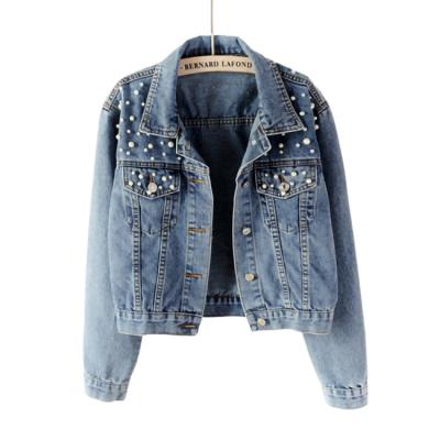 China High quality custom made QUICK DRY women pearl denim jacket ladies pearls coat bridal denim jackets wholesale for sale