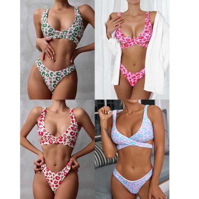 China 2022 new bikini strap hot sale sexy leopard Damen Bikini swimsuit antibacterial female split strap swimwear for sale