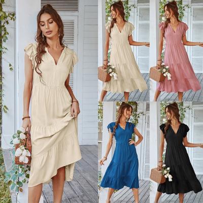 China Wholesale 2022 Summer Women's New Ruffle Casual Dress Sleeveless Holiday Dress Clothing Breathable Elegant High Waist Solid Color for sale