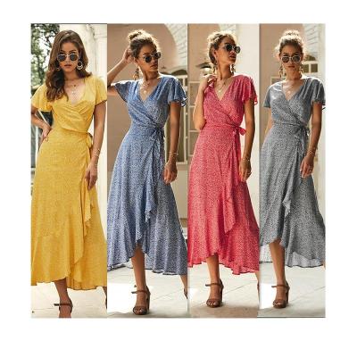 China Summer Hot Selling Women's Short Sleeve Printed Dress New Women's Breathable V-Neck Waist Casual Long Tie Waist Vacation Dress Clothing for sale