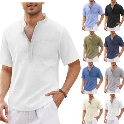 China 2022 Cotton Canvas Summer Men's Beach T-shirt Short Shirt Men's Casual Pocket Sleeve Breathable Hippie Clothing for sale