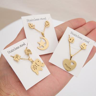 China 2022 Hot Sale Cute Cute Animals 24K Gold Plated Stud Necklace Set Geometric Stainless Steel Stud Earrings Flower Necklace 2 Pcs Set for sale