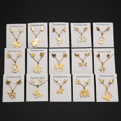 China Factory Wholesale Cute Butterfly Unicorn 24K Gold Plated Stud Necklace Set Stainless Steel Geometric Studs Love Necklace 2 Piece Set for sale