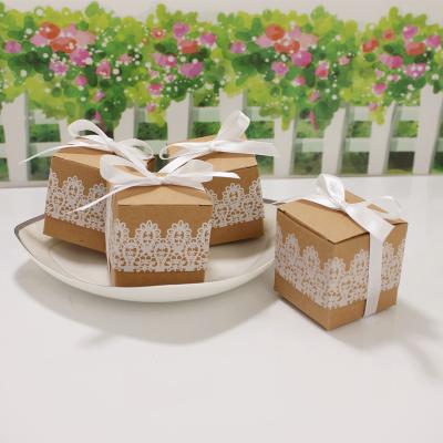 China Gift & DIY craft lace bow candy box wedding kraft paper candy box lace cardboard candy box dispensing white ribbon for sale