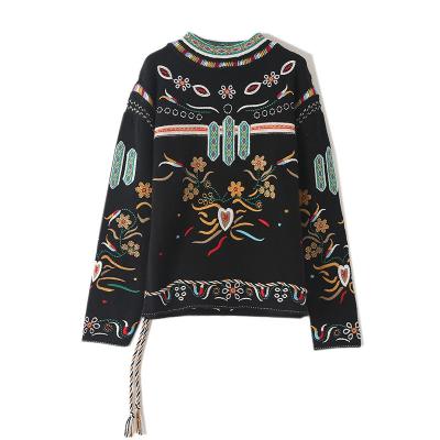 China Anti-pilling Autumn Embroidery Retro Ethnic Style O-neck Women's Jacquard Vintage Sweater Pullovers Loose Clothes for sale