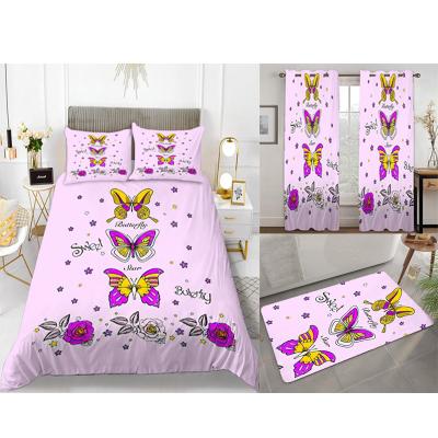 China Custom Nondisposable 3d Butterfly Printed Duvet Cover Kids Bedsheet Kids Home Bedding Set With Curtains for sale