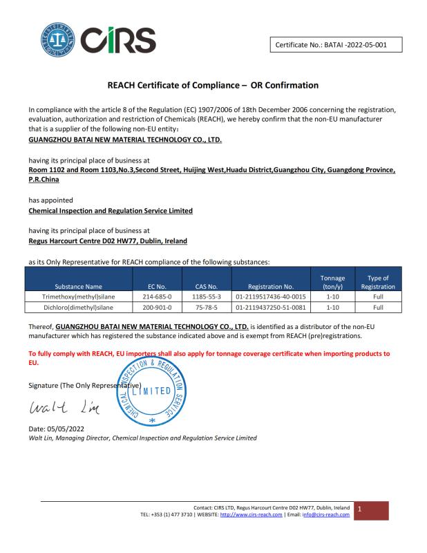 REACH Certificate of Compliance-OR Confirmation - Guangzhou Batai Chemical Co., Ltd.