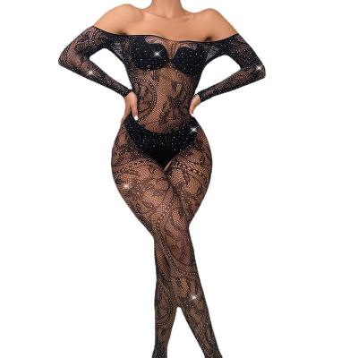 China Breathable Sexy Rhinestone Net Bodycon Diamonds 2 Pieces Full Suit Body Stocking Bodystocking Crystal Lingerie for sale