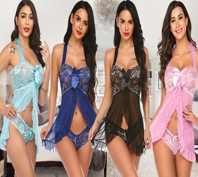 China Hot Sale Women's Sexy Lingerie Underwear Sexy Mesh Mosaic Lace Two Piece Nightgown Large Size Transparent Mesh Halter Neck Bowknot for sale