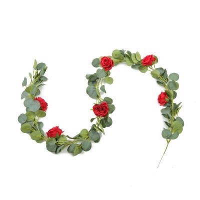 China Artificial Flower Party Christmas Wedding Decoration 2m Decorative Eucalyptus Leaf Rattan Red Rose Silk Flower Artificial Green Rattan Plants for sale