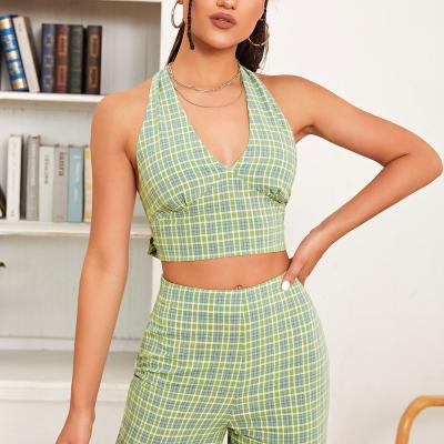 China Anti-pilling women summer clothing ins style halter top with straight leg pants with tartan pattern for sale