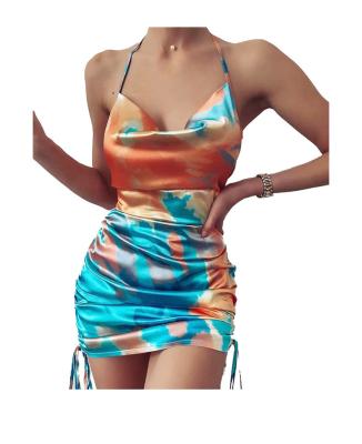 China Anti-Wrinkle Nightclub Dresses For Summer Elegant Sexy Dress Party Sleeveless Tie Dye Women Bodycon Neck Cowl for sale