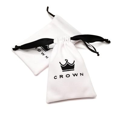 China Jewelry Packaging Custom Logo Screen Printed White Velvet Jewelry Pouch Bags With Ribbon Drawstrings for sale