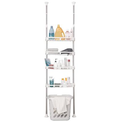 China BAOYOUNI Space Saving White Tiers Telescopic Bathroom Shelves Above Plastic Adjustable Organizer Rack Storage Toilet Stand No Drilling for sale