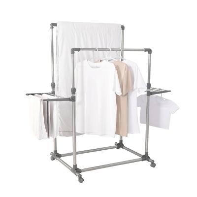 China With Wheels BAOYOUNI Movable Adjustable Laundry Rack Garment Organizer Movable Double Pole Hanging Rack With Wheels Indoor Outdoor for sale