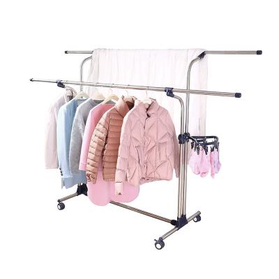 China Multifunctional Rack BAOYOUNI Movable Rolls Heavy Duty Double Rod Clothing Rack Clothespin Garment Storage Shelves Retractable Clothes Hanging Rack for sale