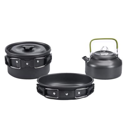 China Multifunctional and portable aluminum lightweight portable cookware 3pcs mess kit 2-3people camping gear cooking set for sale