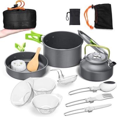 China Amazon Multifunctional and Drinkable Hot Selling Aluminum Picnic Outside Cooking Ware with Stainless Steel Cutlery and Plastic Bowls for sale