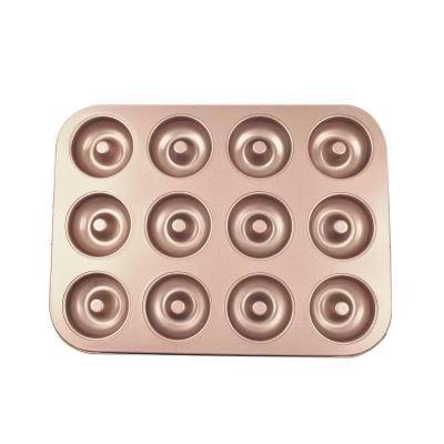 China Sustainable Champagne Gold Donut Mold Cake Pan 12-Cavity Non Stick Ring Donut Bakeware for Oven Baking for sale