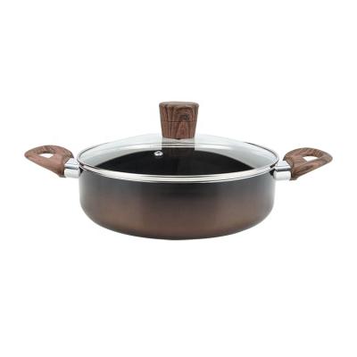 China Sustainable High Quality Aluminum Shallow Casserole 2.9L Cookware With Gradient Color Induction Wooden Handle for sale