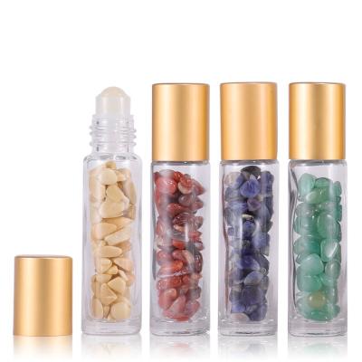 China Cosmetic 10ml Roll On Bottle For Essential Oils With Gemstone Rollerballs Top And Chip Stone for sale