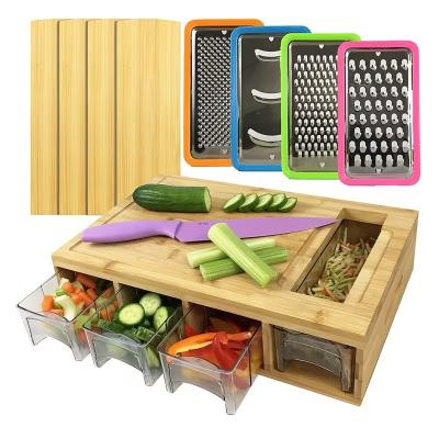 China Disposable Bamboo Cutting Board with Trays and Lids Storage Containers Cutting Meal Prep Station with Juice Grooves for sale