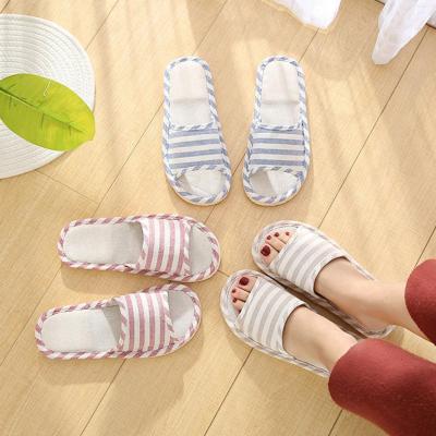 China New Mules Women Indoor Floor Flat Shoes Spring Stripe Slippers Autumn Linen Flip Flops Home for sale