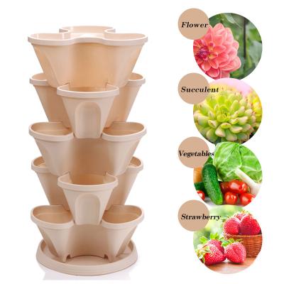 China Durable Hot Selling Amazon Flower Grass 5 Row Self Watering Stacking Planting Pot Tower Garden Pots Plastic Planters for sale